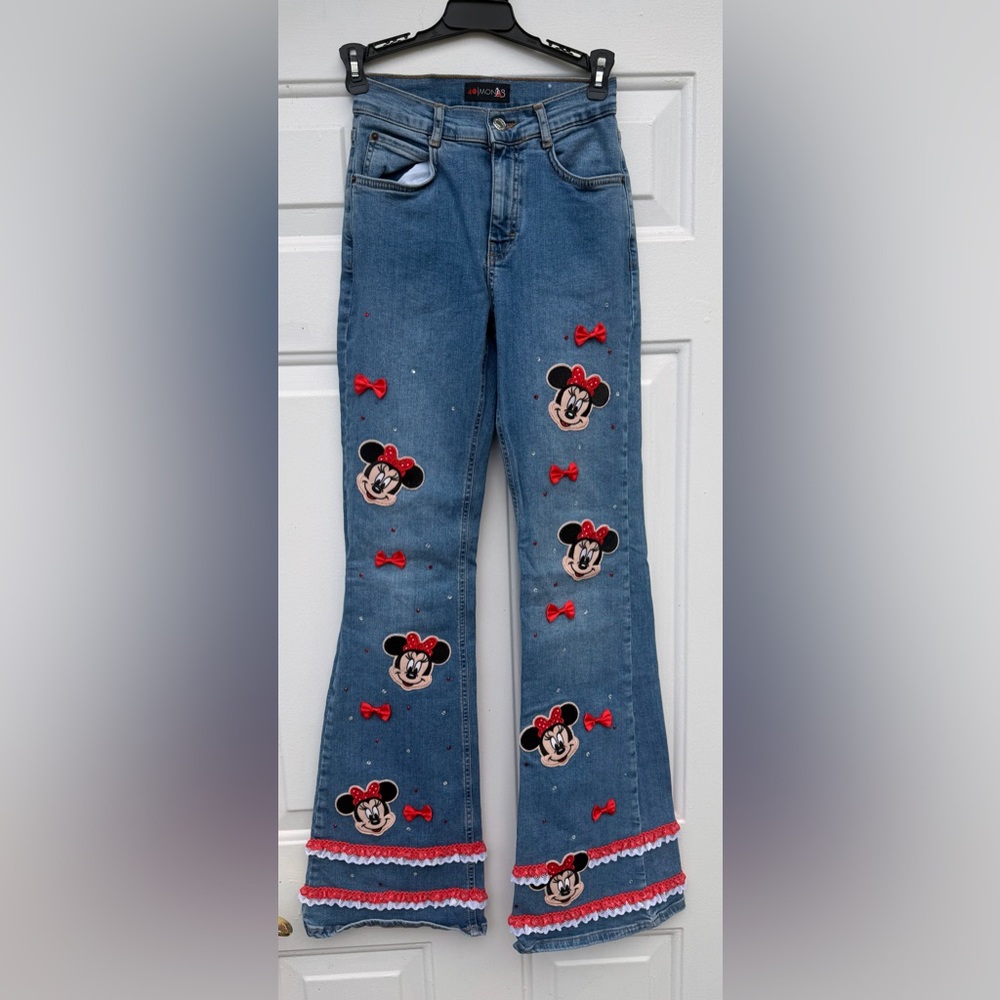 Minnie Mouse Flare Jeans with Red Bows and Embellishments